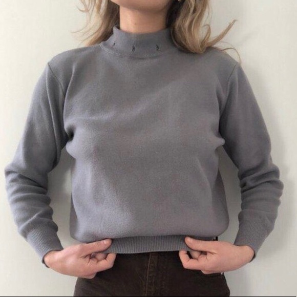Greyish blue thick knit mock neck retro sweater - Picture 1 of 4